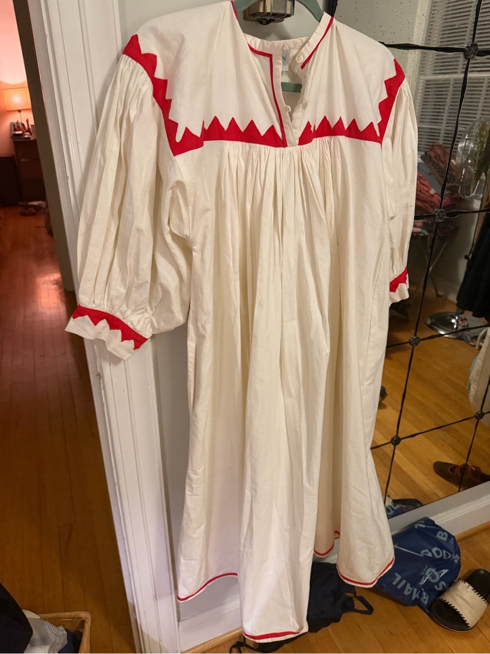 White Cotton Midi Dress with Red Zigzag Trim - Women - Picture 8 of 11